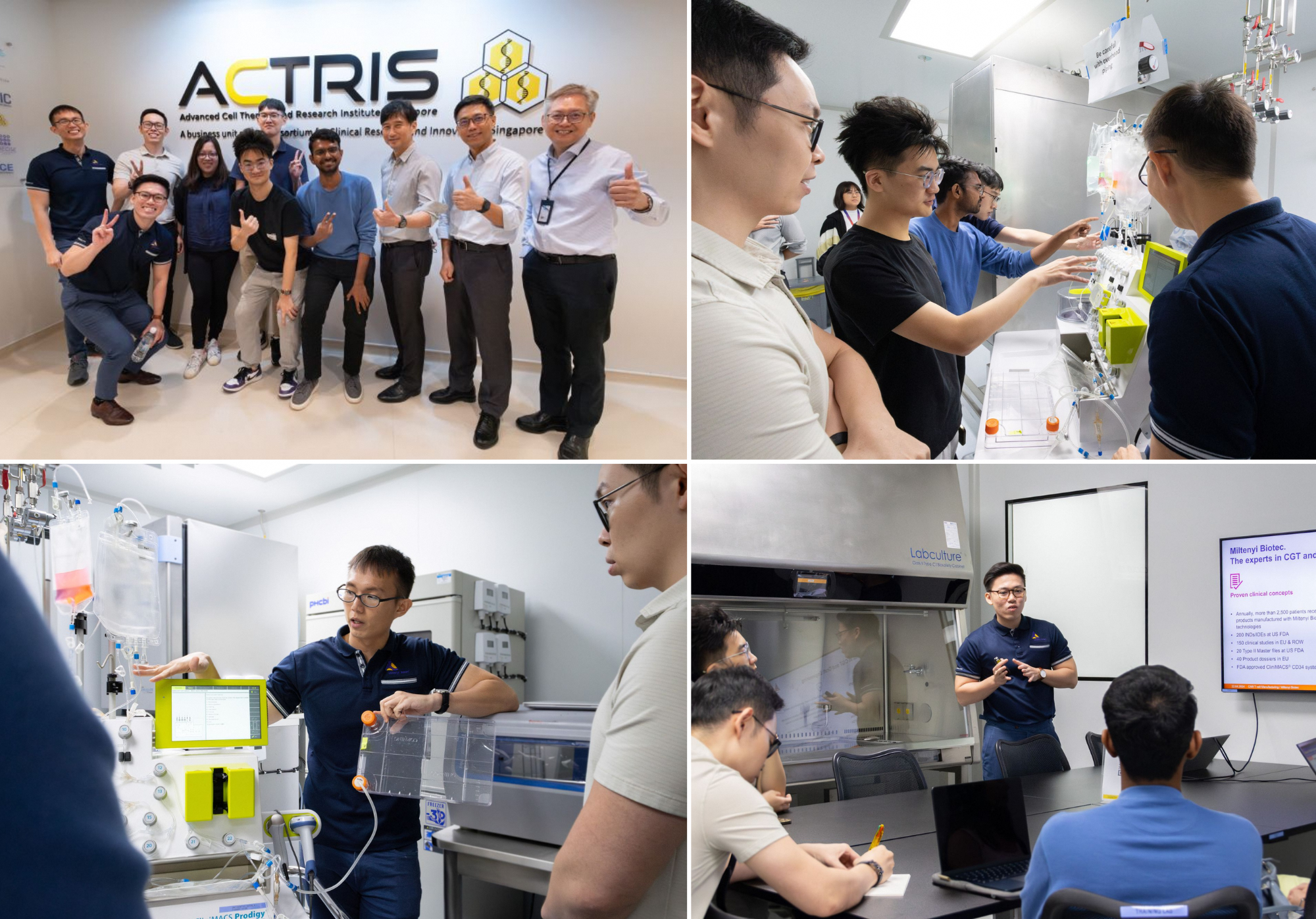 Four-panel collage of people at ACTRIS lab: group photo, equipment demos, and a presentation with a projected slide.